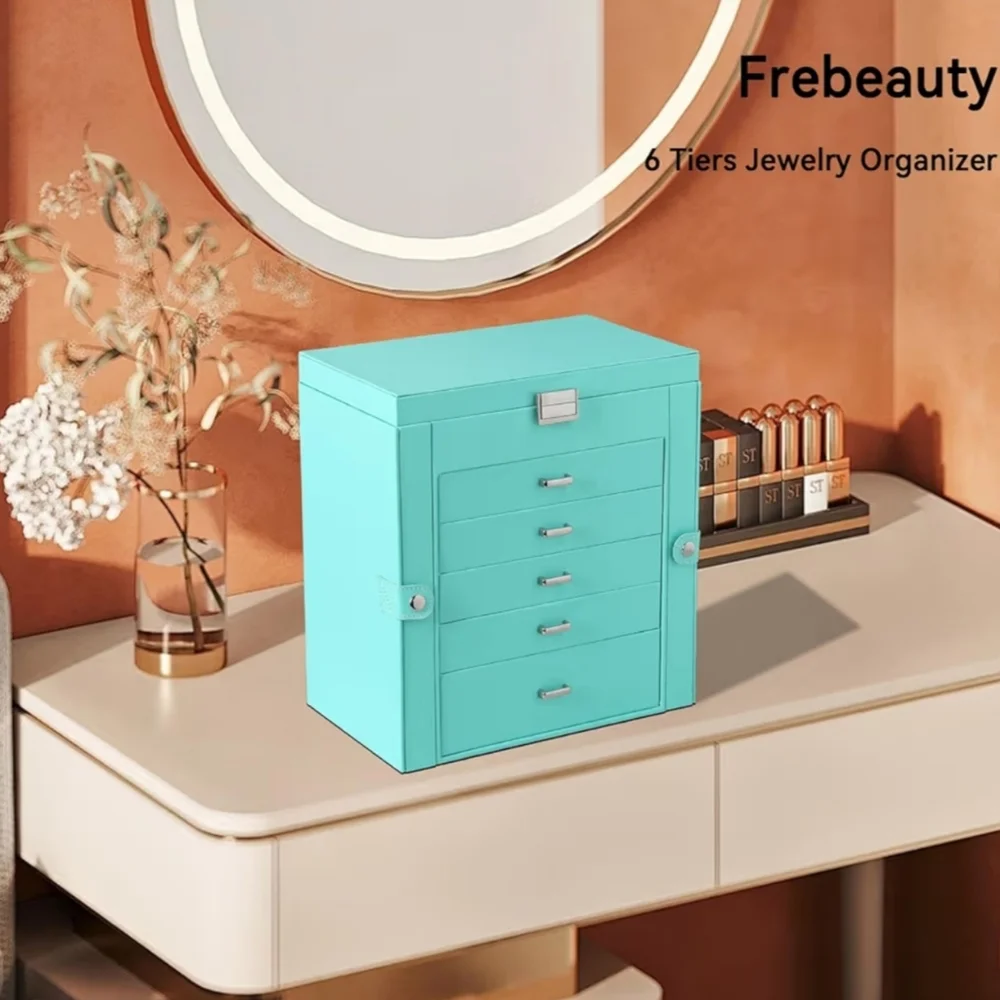 Large Jewelry Box 6-Tier PU Leather 5 Drawer Organizer Multifunctional Turquoise